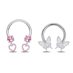 HERVAY 16G/10MM Hypoallergenic Stainless Steel Pink Nose Septum Ring - Heart & White Flower + Planet/Butterfly Decor - Horseshoe Earrings for Helix/Tragus - Unisex Nose Piercing Jewelry
