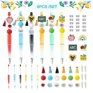 Back-To-School DIY Beaded Pen Set, Writing Pen, 6PCS Stationery Theme, Blackboard Crayon Apple Wood Beads, Teacher's Day Creative Gift
