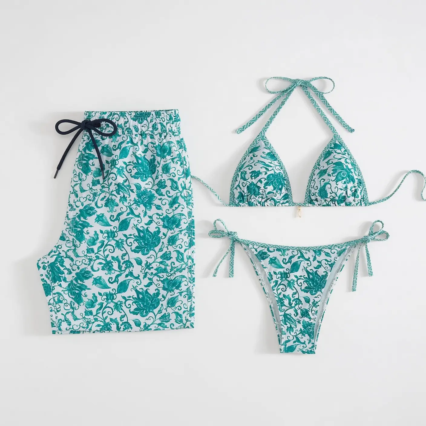 Teal Floral Matching Couple Swimwear Set, String Bikini and Hawaiian Shorts, His and Hers Tropical Beach Vacation Outfit, Summer Pool Gift