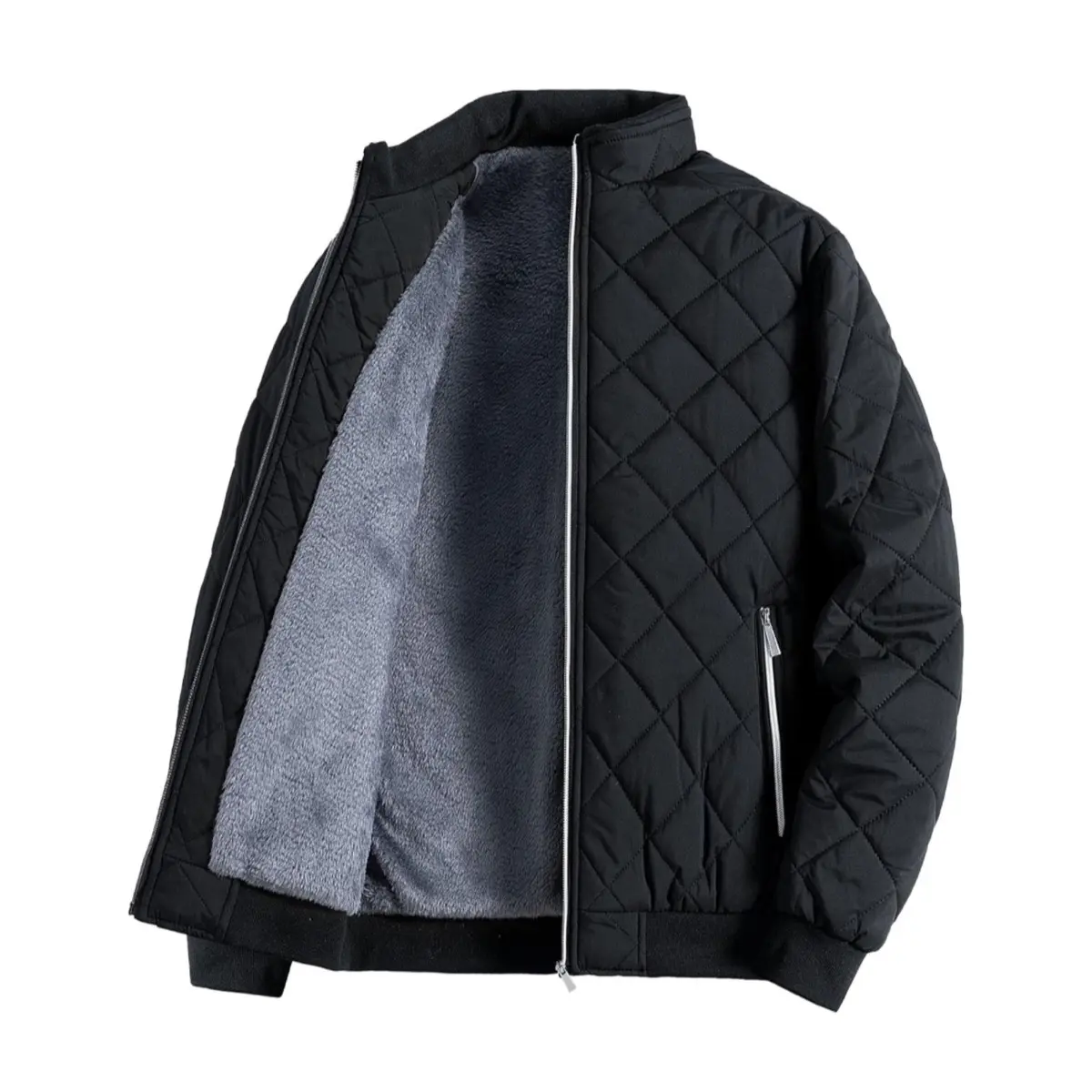 Men's Full Zipper Puffer Jacket Quilted Lined Winter Warm Bomber Jacket Casual Down Jacket Zipper Pocket