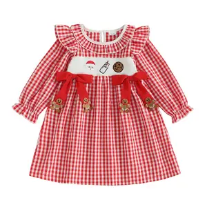 Toddler Girl Christmas Santa Plaid Dress Baby Long Sleeve Gingerbread Man Gingham Bow Dresses Xmas Holiday Party Dresses