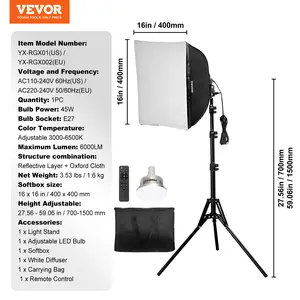 VEVOR Softbox Lighting Kit, 16x 16, Professional Softbox with 45W LED Bulbs, 3000-6500K Adjustable Color Temperature, Tripod Stand, Studio Lights for Photography, Vedio Recording, Live Streaming