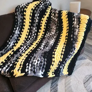 Soft Yellow Black and White Tye Dye Blanket  Hand Knitted Crochet size Full Size Bed Quit