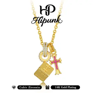HIPUNK 14K Gold Plated Copper Base Faith Cross Pendant Necklace - Vintage Gothic Layered Charm Unisex Daily Wear Costume Jewelry Gift for Partner