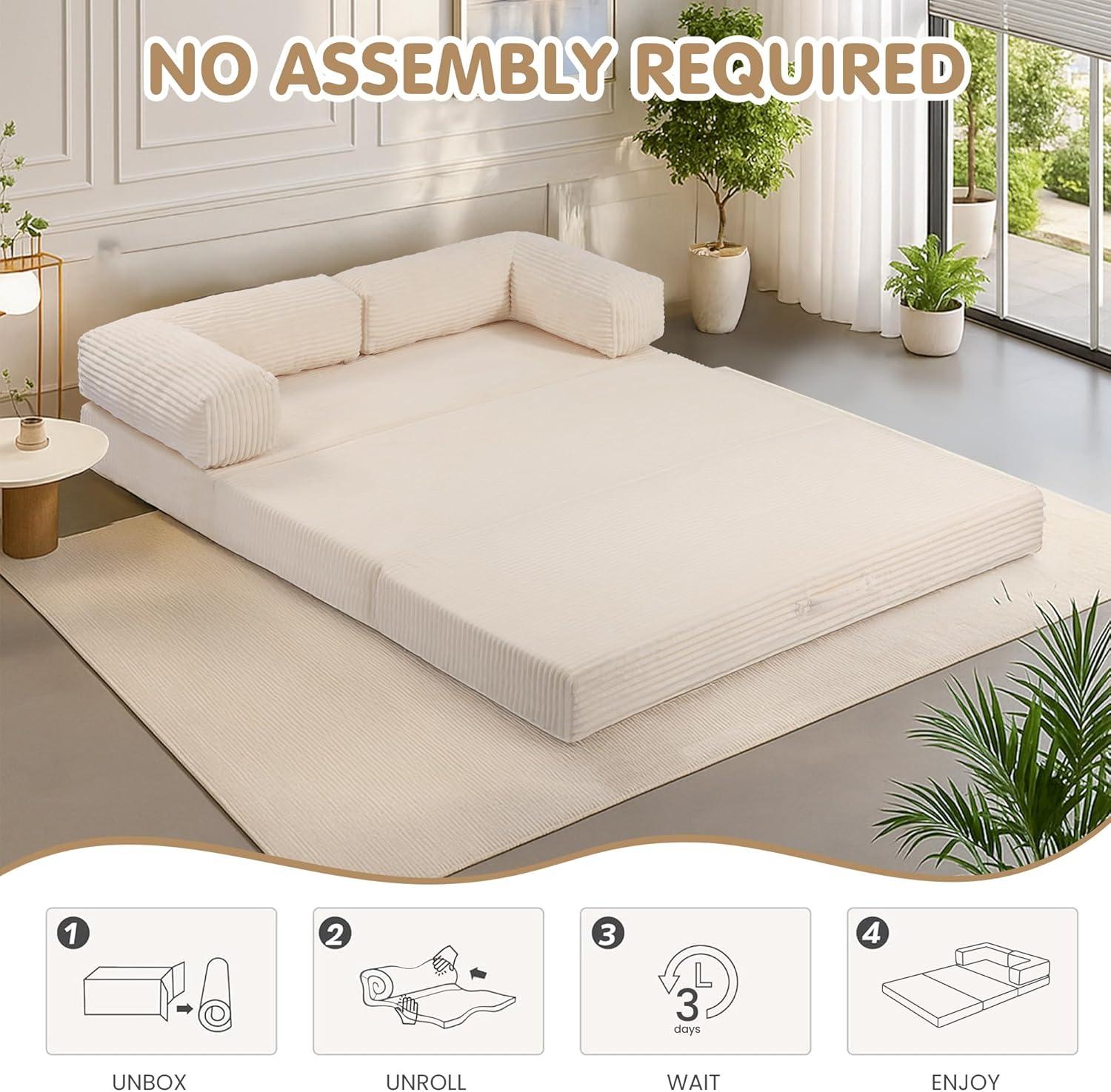 Winzoo 5-in-1 Convertible Sofa Bed,Boneless Couch Tri Folding Floor Mattress with Removable L-Shaped Armrests & Handle,Corduroy Futon Couch Sleeper with Pull Out Bed for Living Room Bedroom Apartment