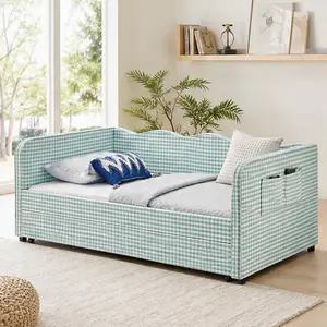 ARCH Twin Size Daybed with Pull Out Trundle, 3-in-1 Convertible Sofa Bed with Storage Pockets, Gingham Upholstered MDF Frame, Multi-Functional for Living Room Guest Room Kids Room Small Space, Cyan, Cyan Color Options, MDF Material