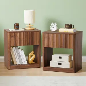 Giratree Fluted Nightstands Set of 2, Compact Bedside Tables with Drawer & Open Storage, Natural Wood Modern Side Tables for Bedroom or Sofa