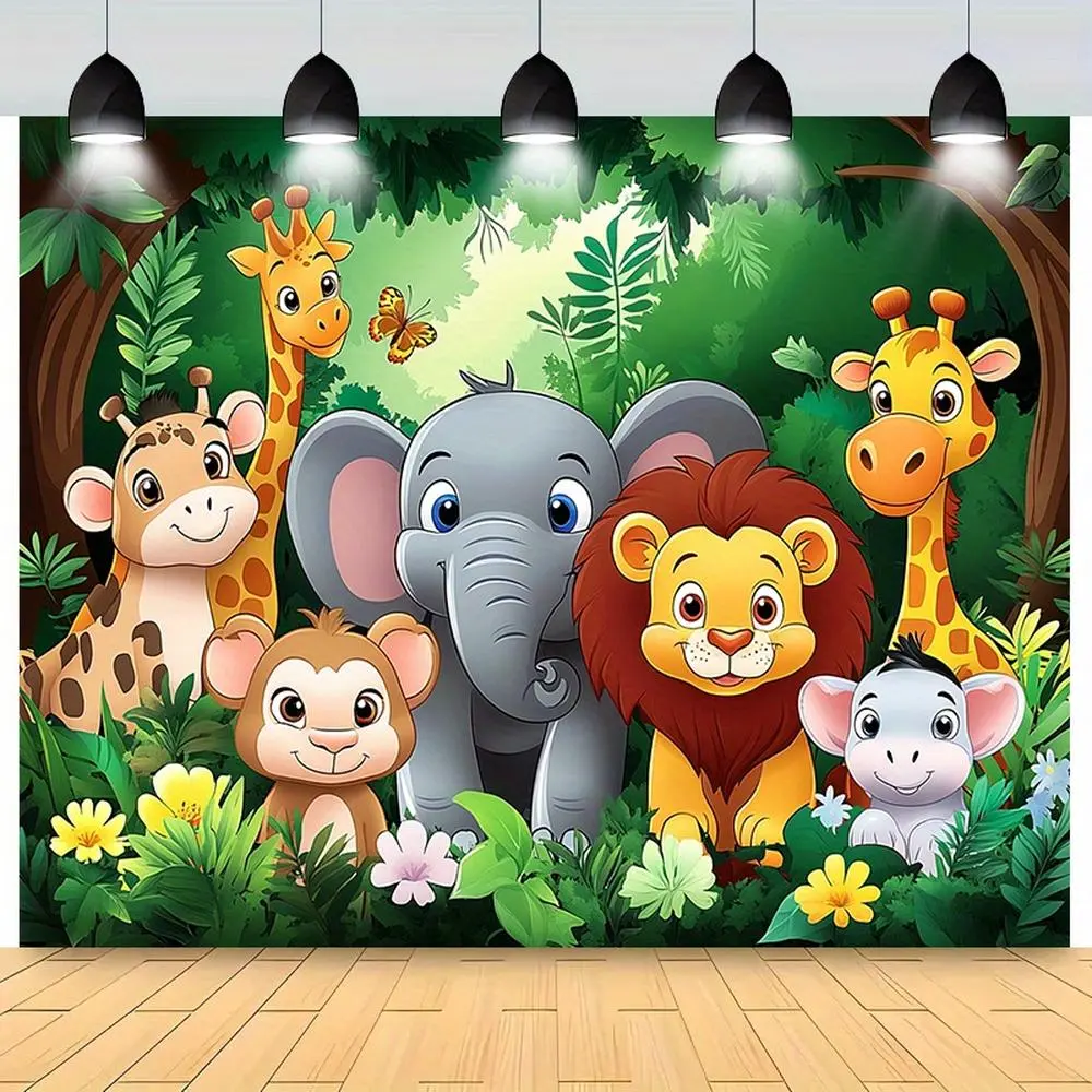 2D Flat Cartoon Forest Animal Party Backdrop Banner, 1PC Reusable Polyester Party Decoration Supplies, Children's Birthday Photo Backdrop,summerwins