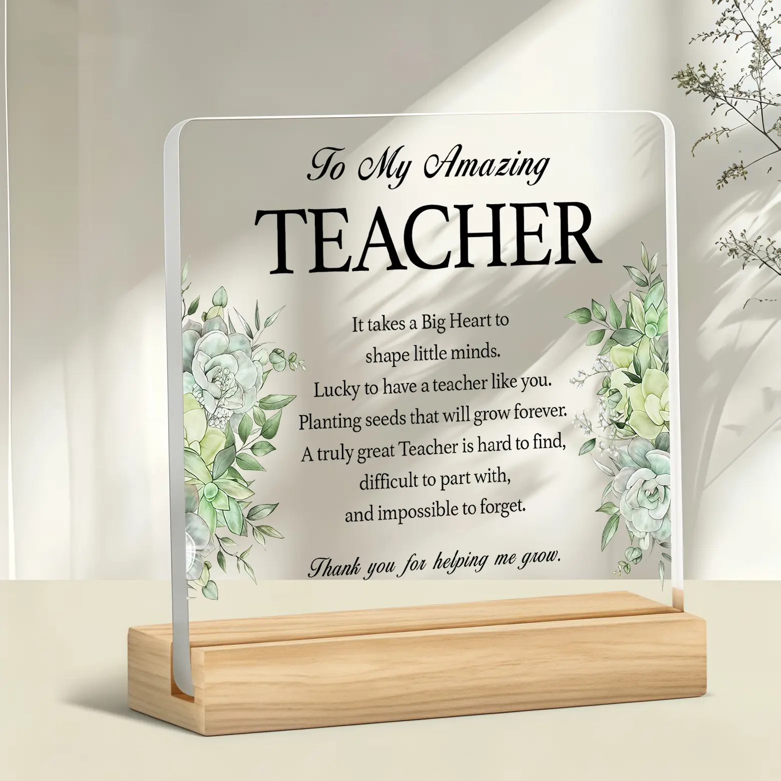 Minimalist Square Acrylic Desk Plaque with Wooden Stand - Green Succulent Floral "To My Amazing Teacher" Quote Display, Sentimental Teacher Appreciation Gift for Classroom Decor, Home Supplies, Teachers