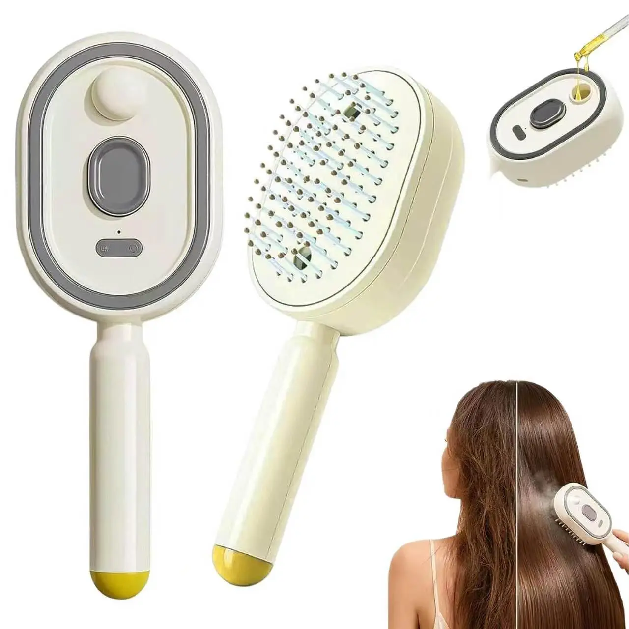 Electric Spray Hair Brush with 10ML Refillable Water Tank, 2026 New 3-In-1 Electric Spray Air Cushion Massage Comb,Rechargeable Steam Brush for Hair with Red Light Scalp Care, Anti-Static(Off White)