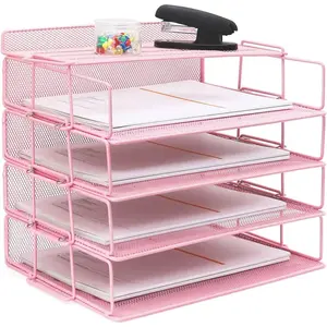 Desk Organizer - Stackable Paper Tray, 4 Tier Pink Desk Organizer, 5 Trays Metal Paper Organizer for Desk, File Organizer for School Home and Office