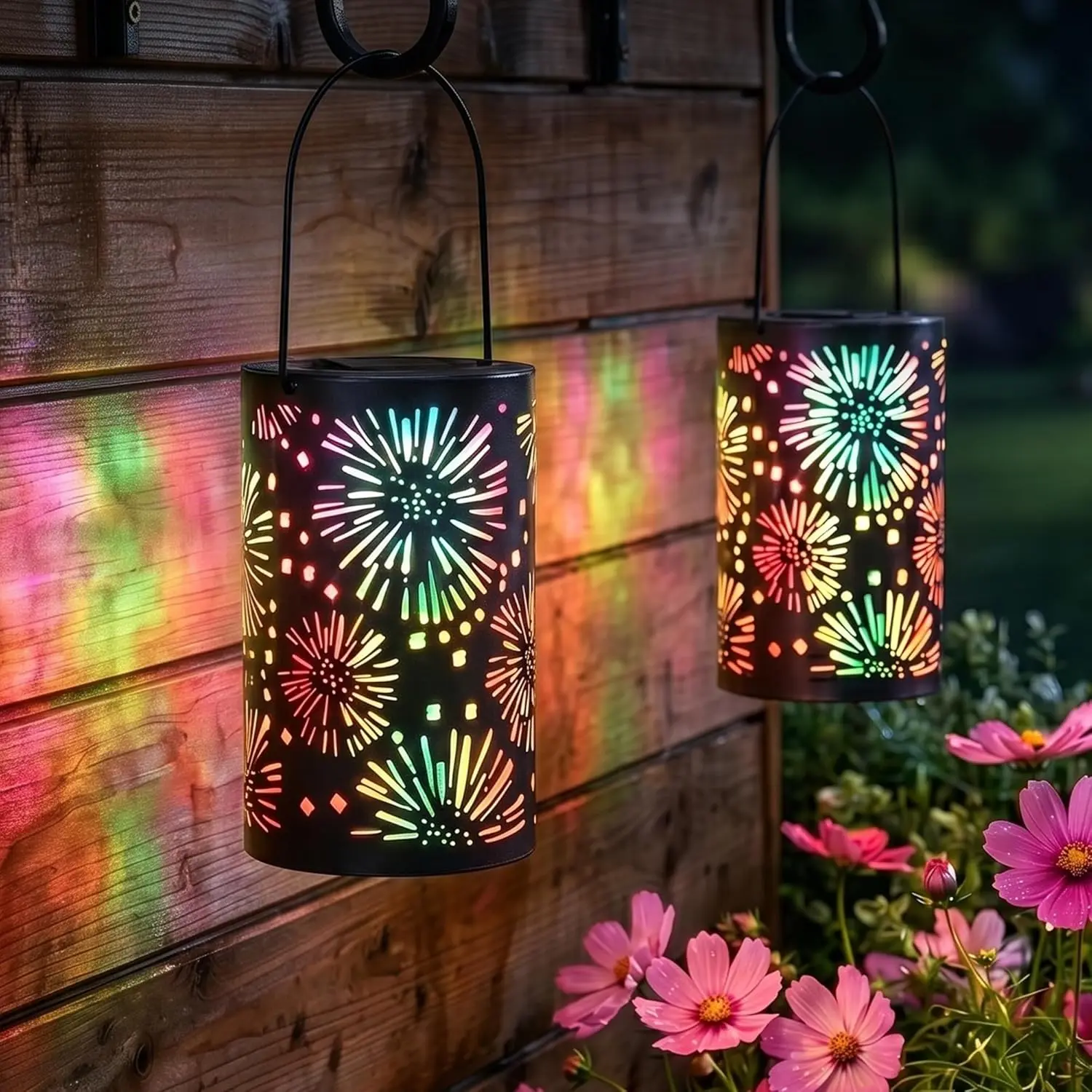 Brizled Solar Lantern Outdoor, Colorful Firework Lanterns, Waterproof LED Solar Tabletop Lamp, 2 Pack Hanging Solar Garden Lanterns, Metal Garden Pathway Lighting for Garden Patio Path Porch Balcony