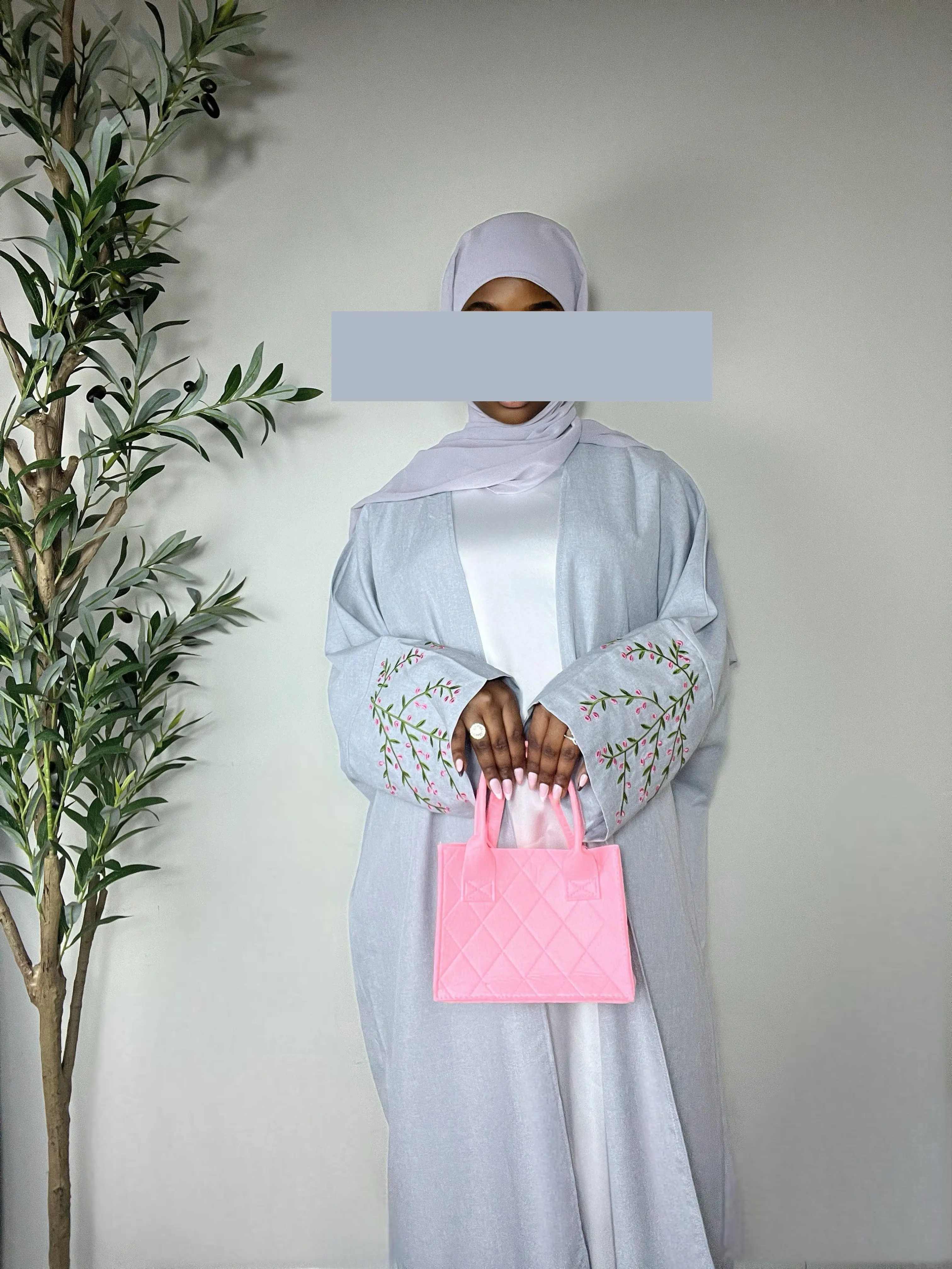 Ayla Flowers Embroidered Open Abaya - Grey