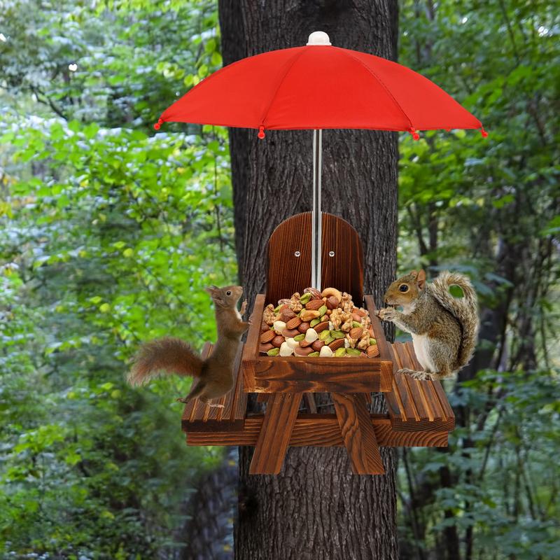 Wood Squirrel Feeder with Red Umbrella Carbonized Squirrel Picnic Table Waterproof Chipmunk Feeder Funny Squirrel Feeder Picnic Table for Squirrel Gift