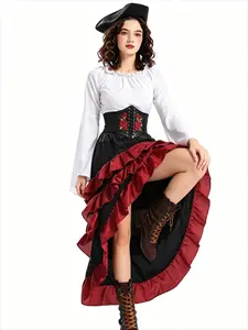 Pirate Buccaneer Costume Tops Shirt Skirt Bustle Skirt Victorian Halloween Women Punk Renaissance Burlesque High Low Outfit