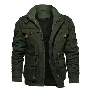 Men's Regular Fit Cotton Military Jacket, Detachable Hood & Fleece Lining, Multiple Cargo Pockets, Casual Chic Fall Winter Outerwear for Streetwear