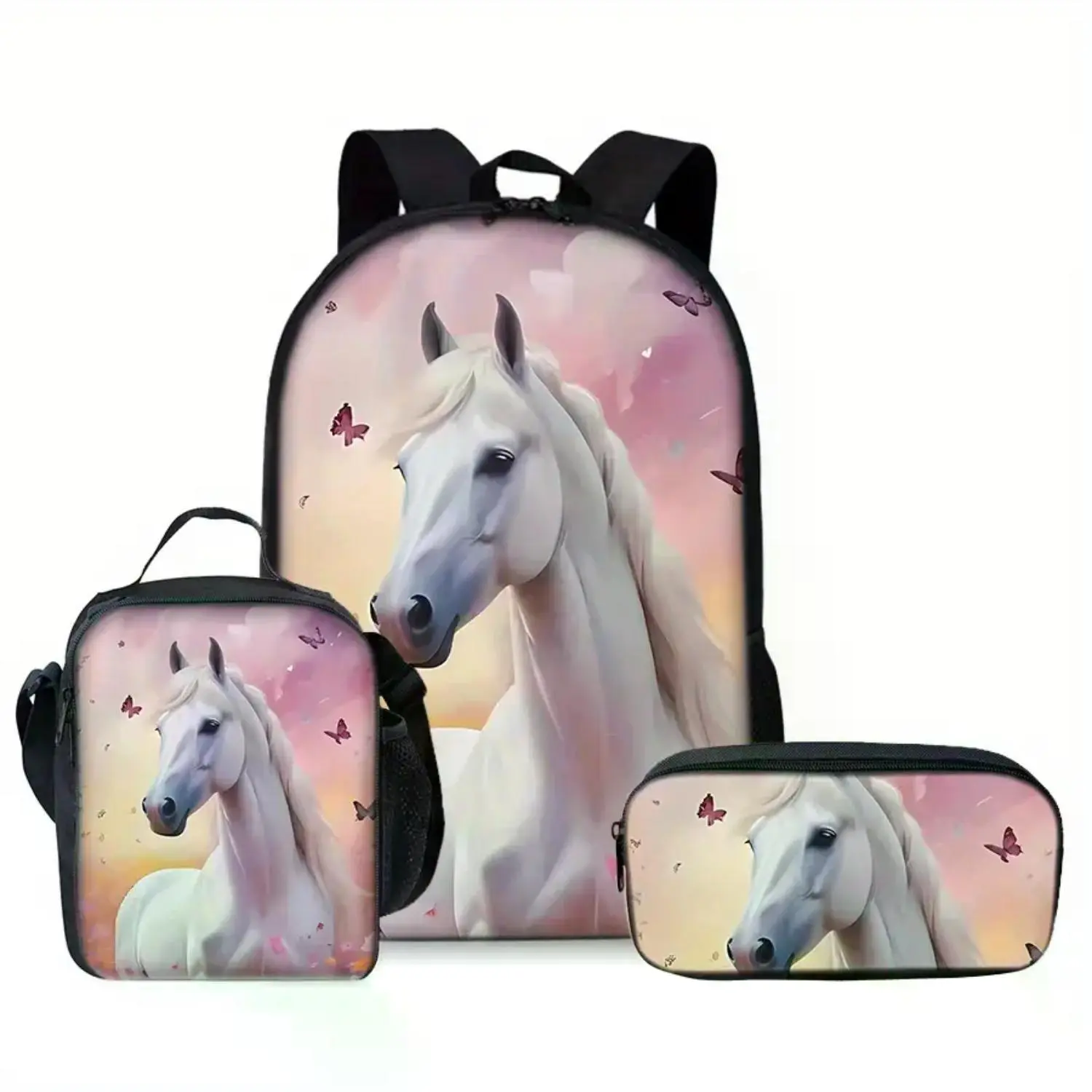 Pink Sky White Horse & Butterfly 3-Piece Backpack Set with Lunch Box & Pencil Case, Durable 600D Oxford School Bag with Adjustable Breathable Straps, Fits 15-Inch Laptop for Kids, Teens, School, Travel & Outdoor Use