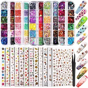 12 3D Self-Adhesive Nails Stickers, with 5 Boxes of Holographic Nail Glitter, Butterfly, Heart, Star, Maple Leaf Nail Glitter, and Nail Flower Decals - DIY Nail Accessories