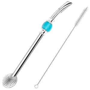 Reusable Bombilla Yerba Mate Straw - Stainless Steel Removable Spoon Style Filter With A Beautiful Bead Metal For Drinking Loose Leaf Tea Includes Cleaning Brush(blue)