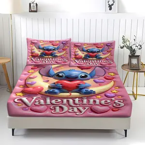 Stitch Animated Themed Cuddly Cartoon Print Bed Sheet Set, Includes 1 Flat Sheet and 2 Pillowcases, Comfortable Bed Linen with Non-Slip Dustproof Cover, Suitable for Bedrooms and Guest Rooms, Ideal for Kids and Holiday Gifts