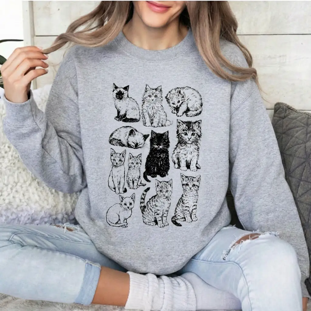 Unisex Vintage Cat Sketch Line Art Graphic Sweatshirt Cozy Crewneck Pullover Crazy Cat Lady Cottagecore Aesthetic CatTok Cat Mom Mother's Day Gift Top