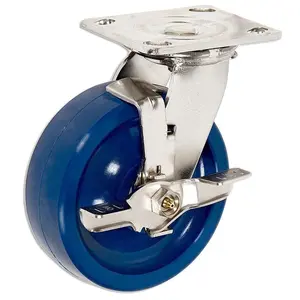 6" Stainless Steel Swivel Caster with Brake - Blue Solid Poly Wheel - 1200 Lbs Cap CasterHQ Brand - S304 Stainless Steel - Anti-Rust Caster - Heavy Duty Stainless Steel Locking Caster