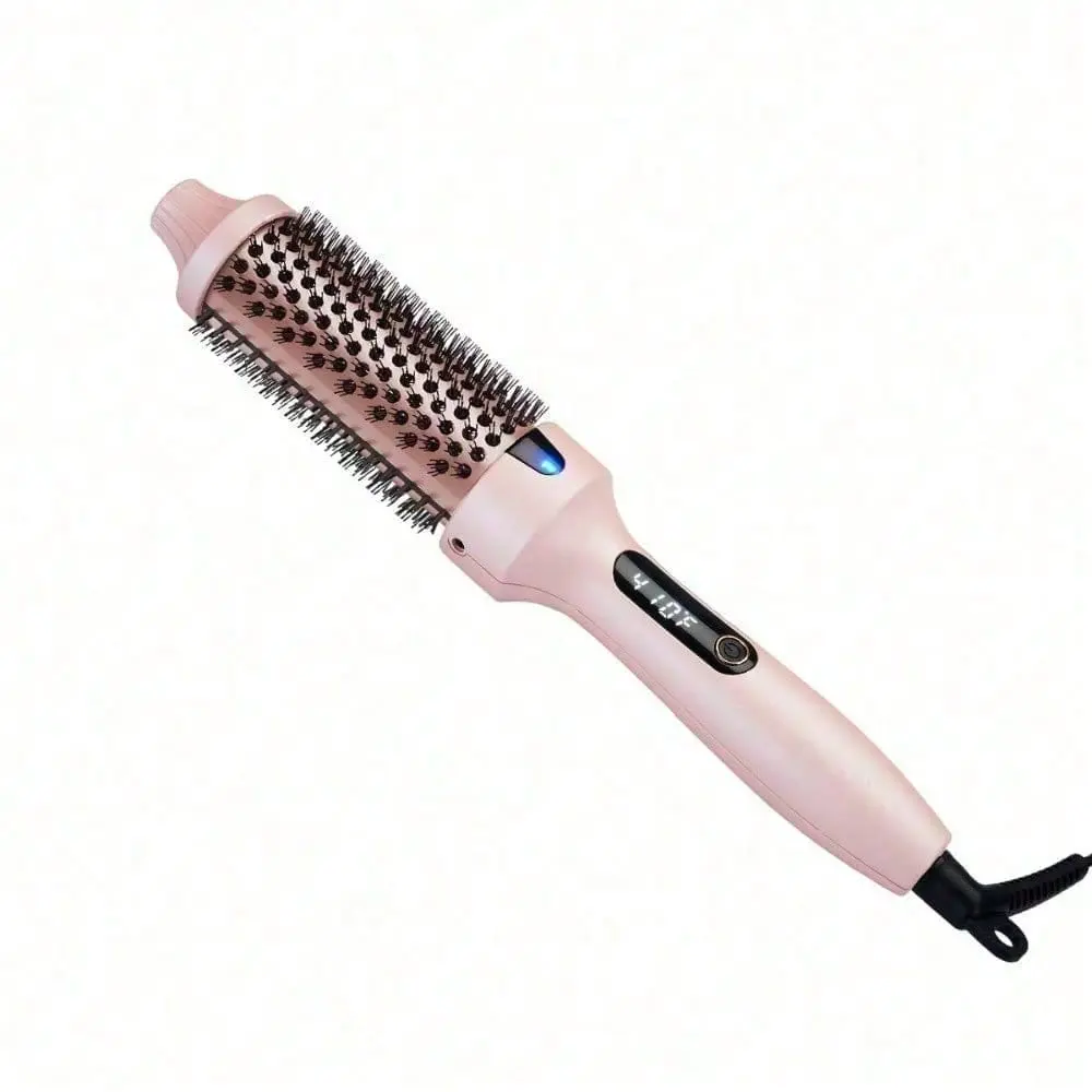 1.5-Inch Ionic Thermal Hair Brush - Anti-Heat PTC Styling Tool with Digital Display, Daily Elastic Curl, Frizz Control & Sleek Blowout, Blush Pink, Thermal Brush, Straightening Curly Hair, Ladies, Silky Straight Hair
