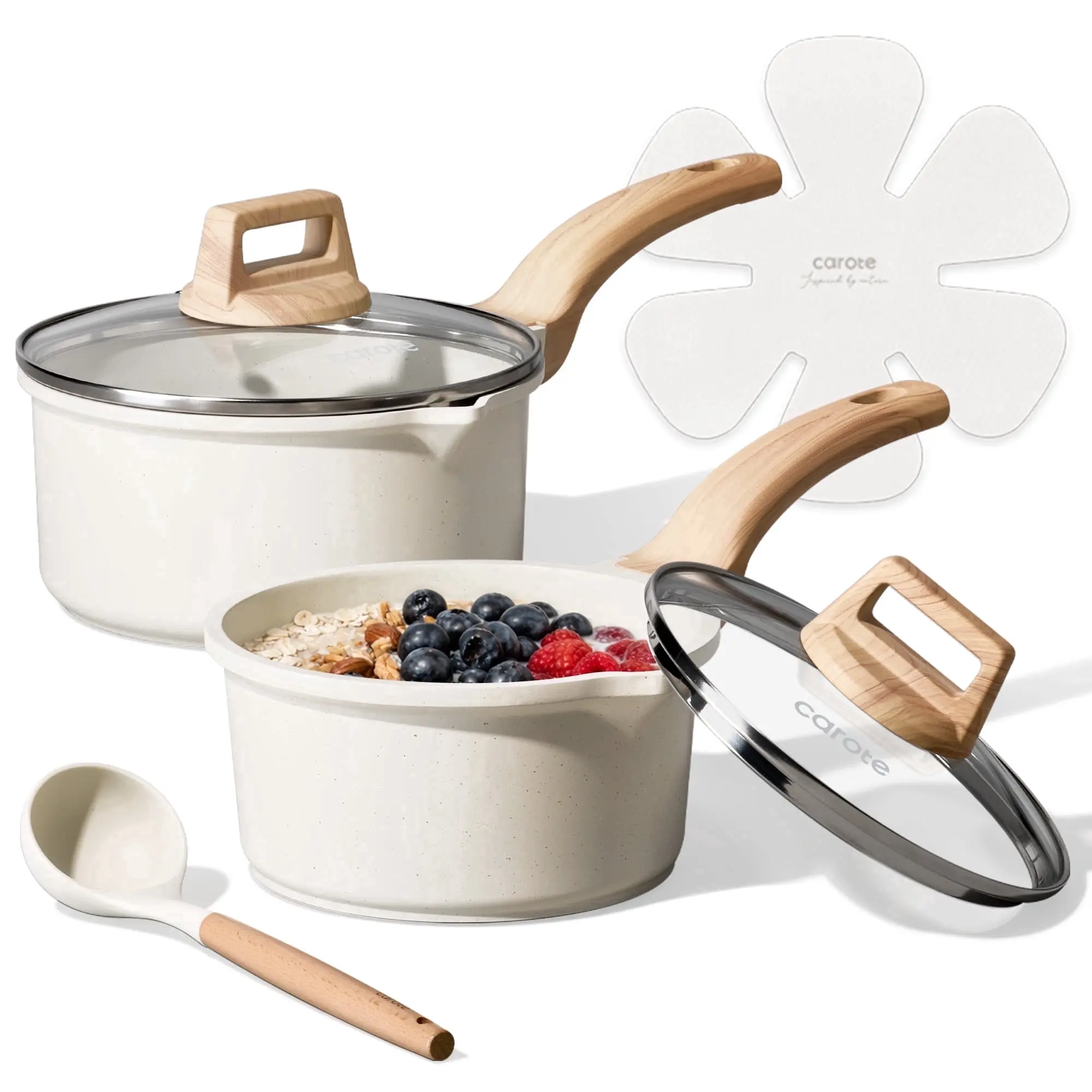 CAROTE 6-Piece Nonstick Saucepan Set with Lid, 1.5QT & 3QT Cooking Pots, Induction Compatible, White