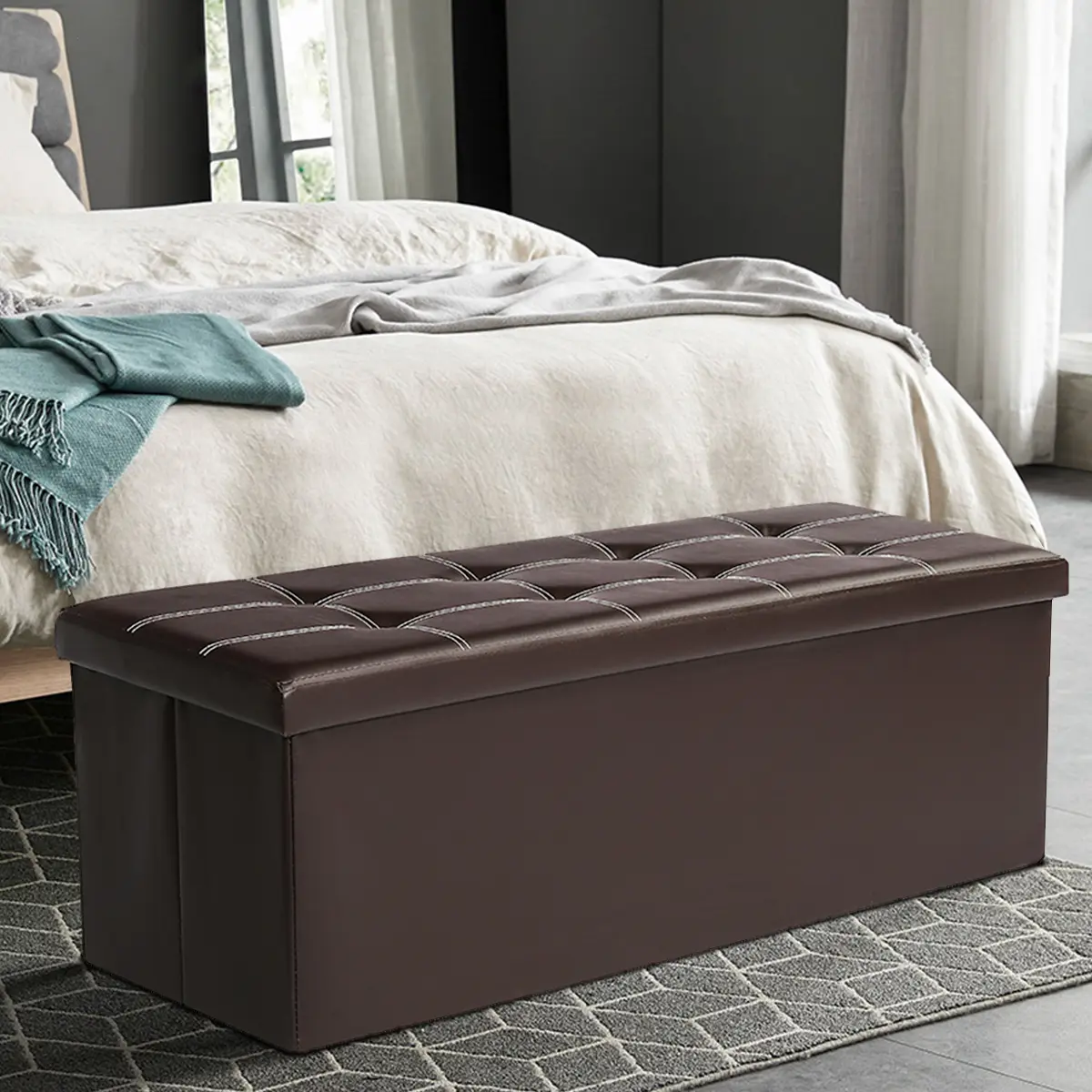 KSG 43" Foldable Rectangle Faux Leather Storage Ottoman Bench - 43x15x15" (43"l x 15"w x 15"h), Fully Assembled Classic MDF Surface Footstool, Padded Button Tufted Seat, 660 lbs Sturdy Space-Saving Furniture with Large Hidden Storage for Bedroom, Entryway