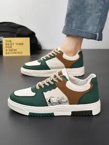 Men's Colorblock Lace-Up Skate Shoes, Vintage Patchwork Comfortable Casual Sports Sneakers, Stylish Low-Top Athletic Footwear