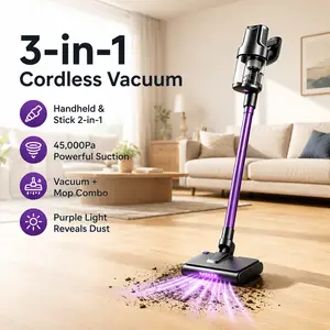 All-in-One Cordless Vacuum Mop Cleaner, Handheld & Stick Vacuum with 45,000Pa Powerful Suction, UV Dust Light, Quiet Lightweight Vacuum for Carpet, Hard Floors and Home Cleaning