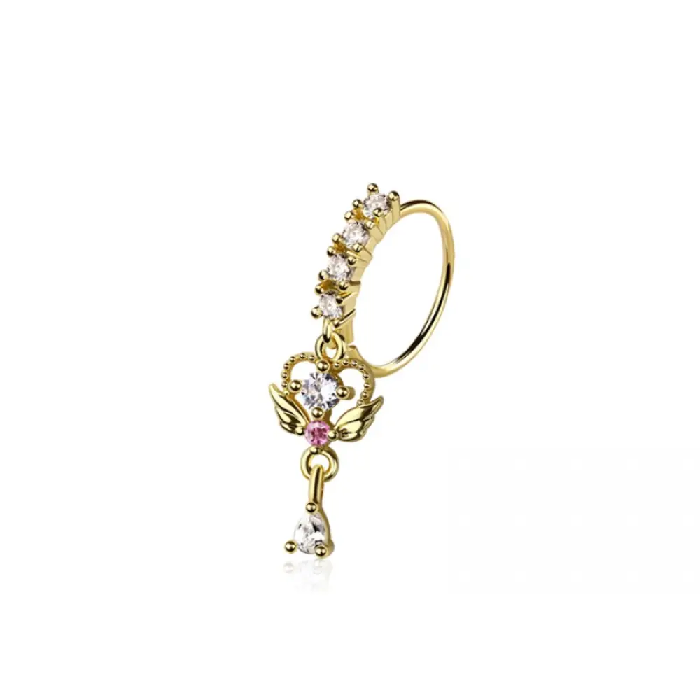 Dangling CZ Crystal Crescent Moon Bendable Nose Ring - 316L Stainless Steel