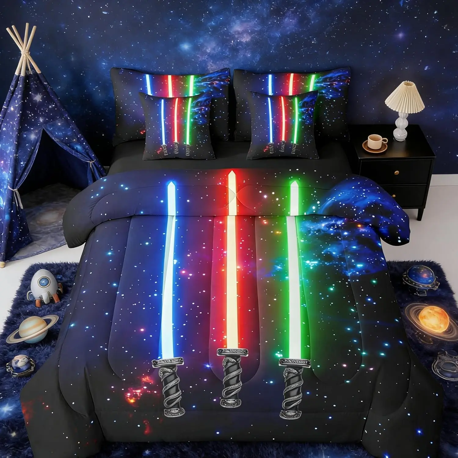 3D Galaxy Lightsaber Comforter Set with Sheets Green Blue Red Lightsaber 7 Piece Bedding Set Bedroom Bed Decor Lightsaber Bed in a Bag Neon Lightsaber Bed Set