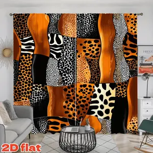 2D Flat 2Pcs Abstract Animal Print Window Curtains, Modern Black and Orange Leopard Zebra Pattern Drapes, Semi-Shade Rod Pocket Panels for Living Room Bedroom Home Decor, Anti-Privacy .