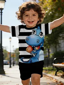 Striped Blue Hippo Kids Short Sleeve Set, Cartoon Summer Pajamas, Casual Baby Clothes, Perfect Gift, 100% Polyester