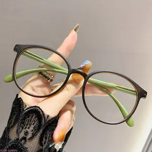 2026 New Ultra Light Mustard Tea Green Retro Round Frame Blue Light Blocking Non-Prescription Small Frame Eyeglasses for Women Bare Face Natural Look Myopia Daily Wear Eye Strain Relief Trendy Vintage Unisex Fashion Summer Hot Style