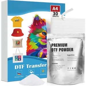 DTF Trnsfer Film nd  Kit for DTF & Sublimtion Printer, 30 Sheets 4 -side Glossy DTF Film, 8.8oz DTF , with Sensor Recognition Stickers, Direct-to-Film Trnsfer for ny Fbric
