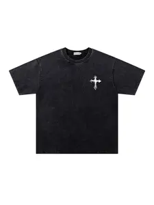 American Vintage Dark Street Style Heavy Wash Tie-Dye Skull & Cross Print T-Shirt, Unisex Casual Loose Fit Short Sleeve Top, Casual Design