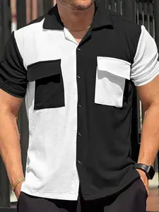 Summer European Style Colorblock Waffle Short Sleeve Shirt, Cuban Collar Casual Beach Shirt, Breathable Button-Up Open Front
