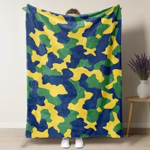 Brazilian Flag Color Green Yellow Blue Camo Throw Blanket, Sporty Camouflage Fleece Blanket for Boys Men, Soft Cozy Plush Camo Blanket for Bed Couch, Large Warm Travel Camping Blanket