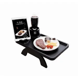 Natural Wood Sofa Armrest Tray with 3-in-1 Clip-On Design, Rotating Cup Holder & Built-in Phone Stand, Portable Couch Side Table for Snacks, Drinks & Media Viewing, Sturdy Acacia Wood Construction with Non-Slip Clamps