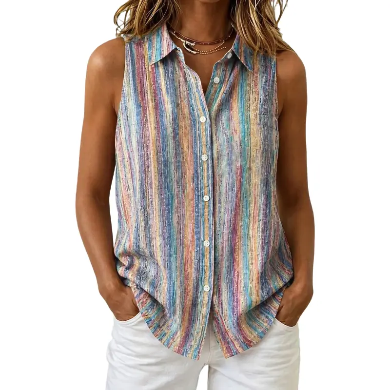 Flamingals Colorful Striped Button Up Sleeveless Shirt Womenswear Summer Vibes