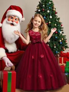 Girls' Christmas Dress, Elegant Embroidered Floral Design, Bow Detailing, Perfect for Parties & Weddings, All-Season Wear