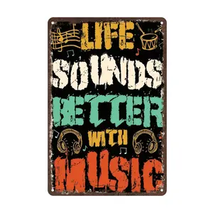 "Life Sounds Better with Music" Retro Metal Sign 12x8" - Home/Cafe/Bar Decor - Music Lover Gift Lightweight Aluminum Sign