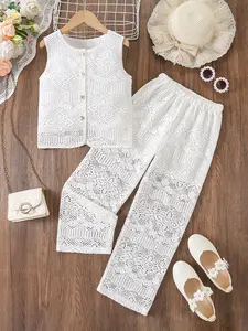 Girls' Fashion Two-Piece Set, Summer Clothes Set, Round Neck Sleeveless Top & Loose Straight Leg Pants, Summer Casual, Outdoor Wear Essential