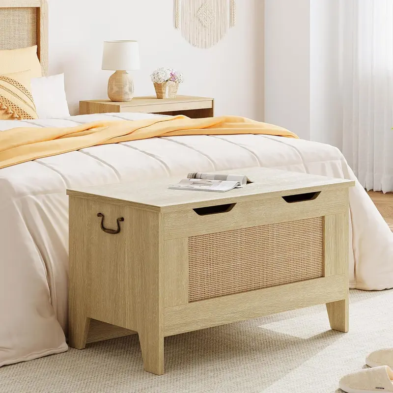 GARVEE 39.4"Farmhouse Storage Bench-Solid Wood Toy Chest with Safety Hinge, 350 lb Weight Capacity for Entryway & Bedroom,Light Oak