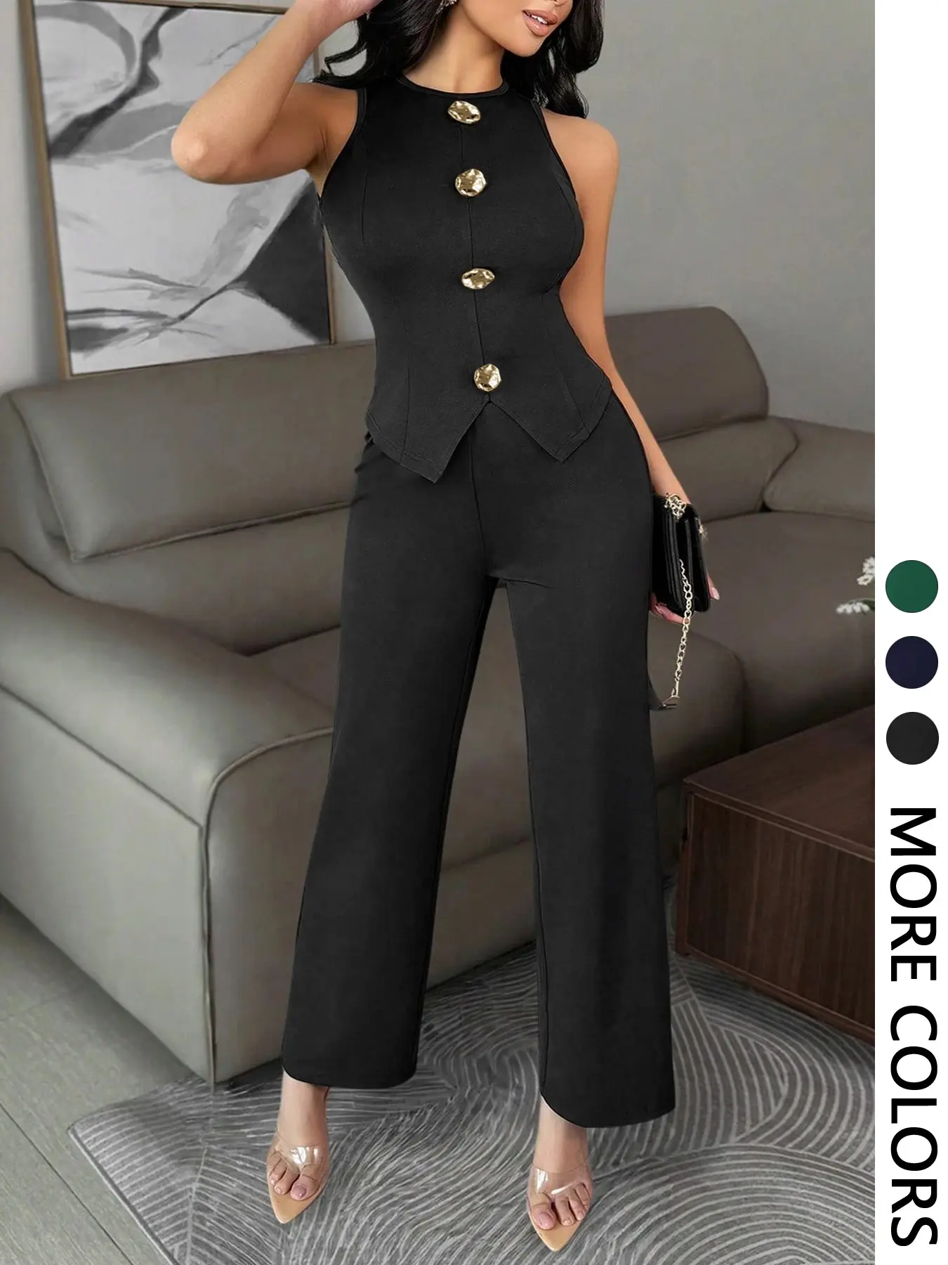 Women's  Sleeveless Tank Top & Wide-Leg Trouser Pants 2-Piece Set - Suits - Gold Button Accent Chic Elegant Formal/Cocktail Outfit Clothes