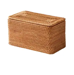 Brown Rattan Organizer Basket with Lid, Decorative Storage Box for Home and Office