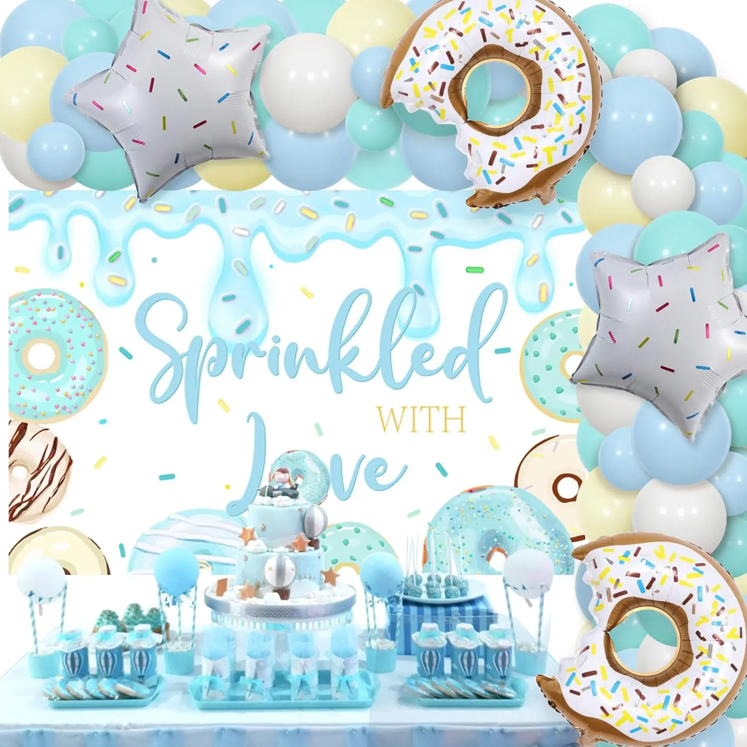 Donut Sprinkle Baby Shower Decorations Boy - Blue Sprinkled With Love Decorations With Backdrop Teal Balloon Garland Arch KitStars Donuts Foil Balloons For Baby Shower Party Supplies
