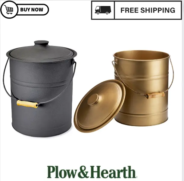 Deluxe Galvanized Ash Bucket with Handle, Lid and Double-Layer Bottom - Charcoal Black - Free Shipping